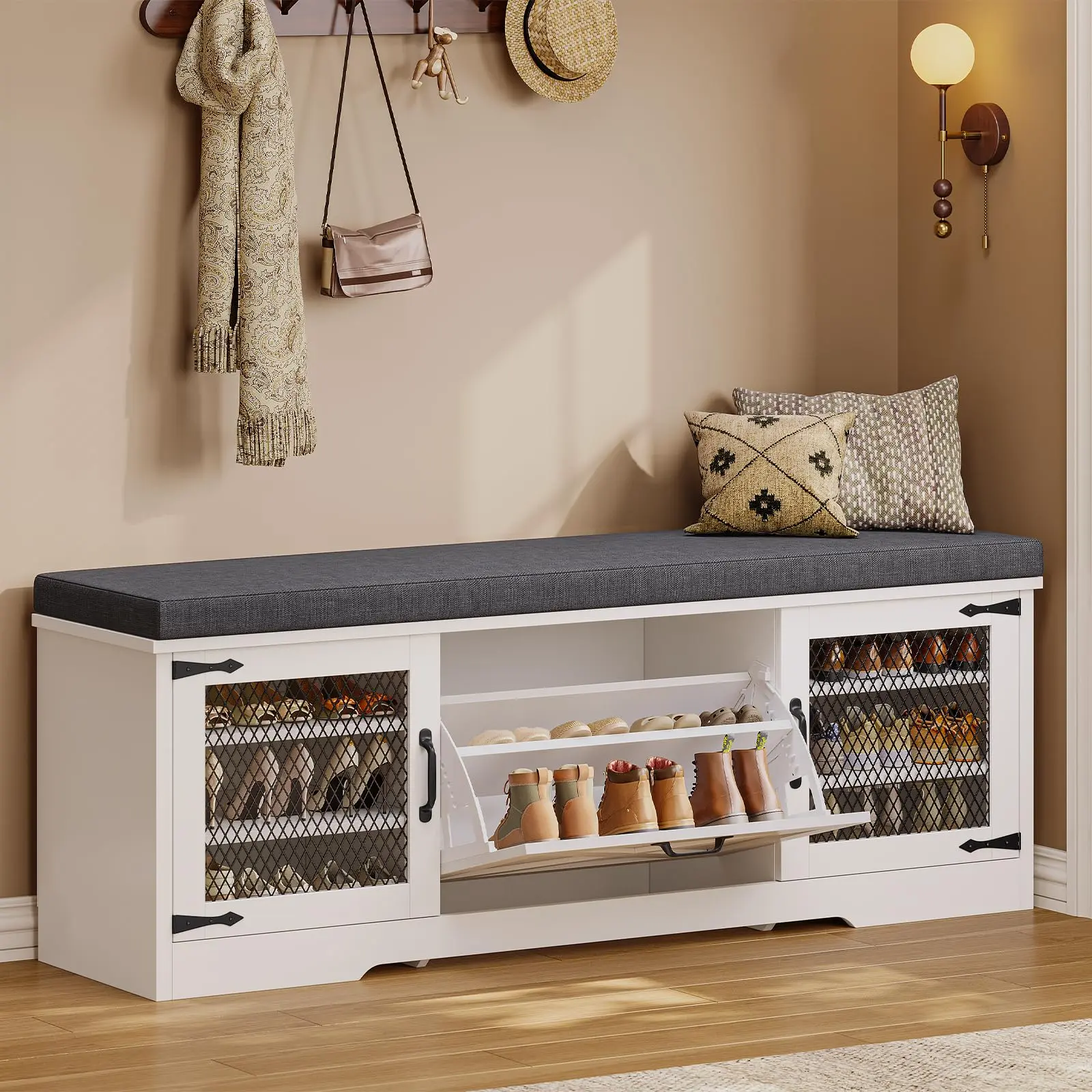 Sikaic 57“ Farmhouse Storage Bench with Flip Drawers & Padded Seat Cushion, Half Hidden Shoe Rack Organizer, Adjustable Shelf Shoe Cabinet for Entryway, Bedroom, Living Room Easy To Assemble, Home Furniture, Dorm Essentials [tiktokshopbacktoschool]