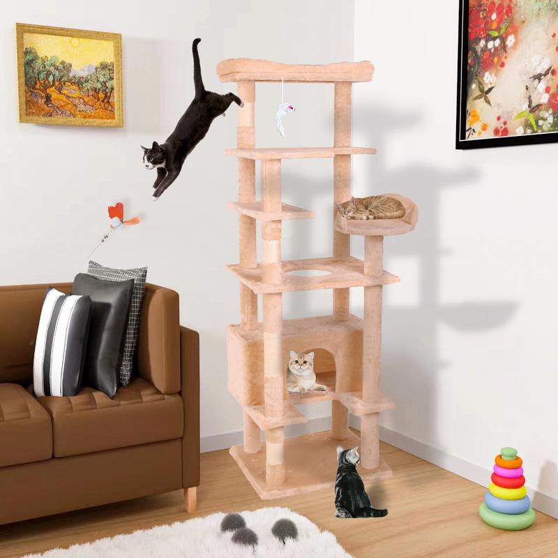 PINGO HOME Cat Tree Tower with Multiple Levels, Sisal Scratching Posts, Large Condo, Climbing Ladder, and Plush Toys for Indoor Kittens - Pink Color