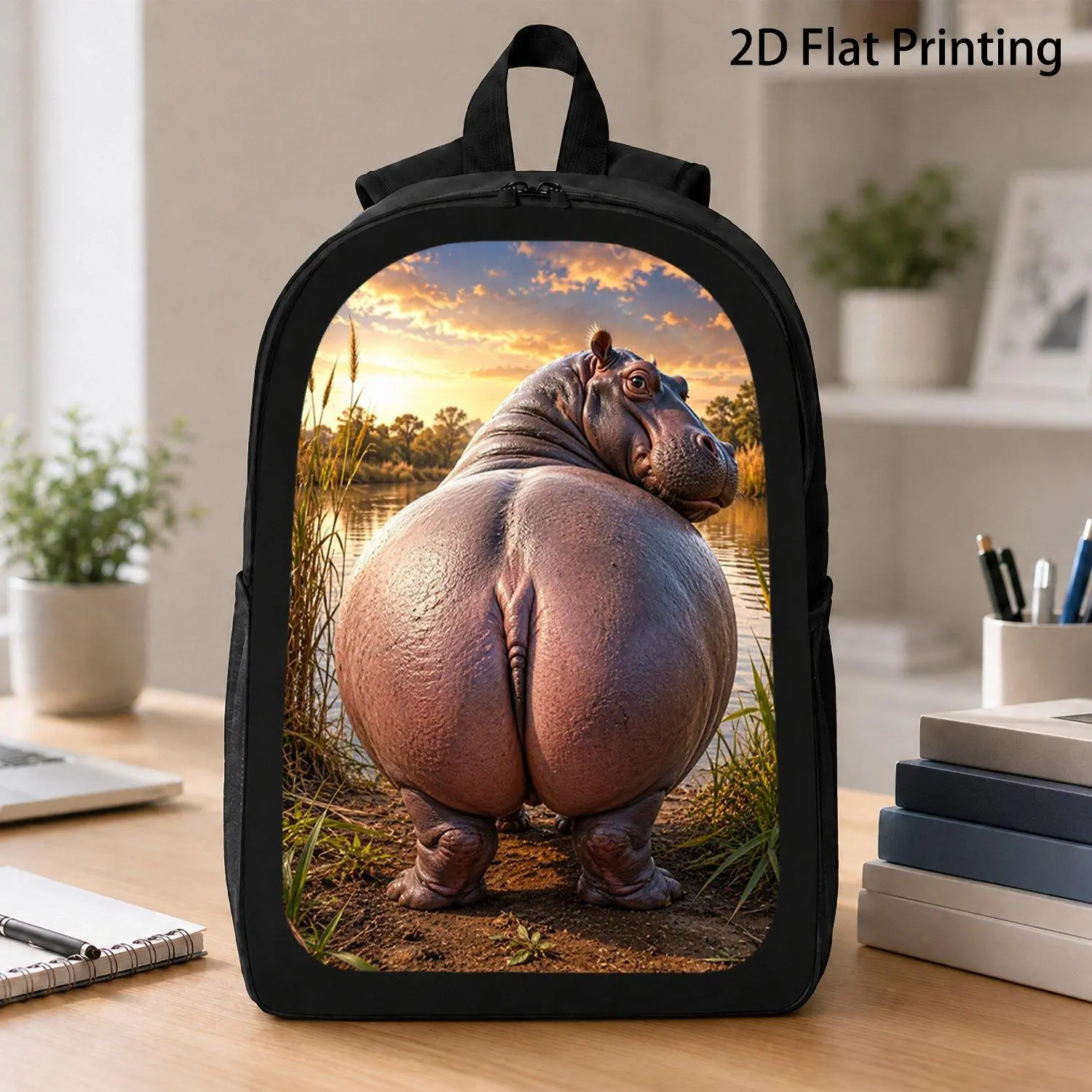 [17 Inch Backpack] 1pc Funny Hippo Big Butt Wildlife Print Backpack Trendy Animal Lover Daily Backpack Lightweight Laptop Backpack For Travel School Outdoor Casual Use