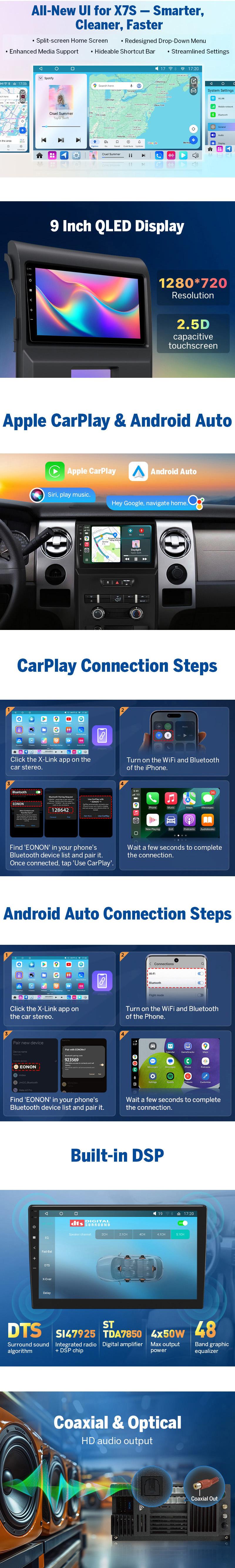 EONON Car Stereo for Ford F150 2009-2014, Wireless CarPlay & Android Auto Car Radio Touch screen, 9" Android 14 Car head unit, Steering wheel controls, Sub, Bluetooth, GPS Navigation, Backup camera - FDF1X7A, FDF1X7S