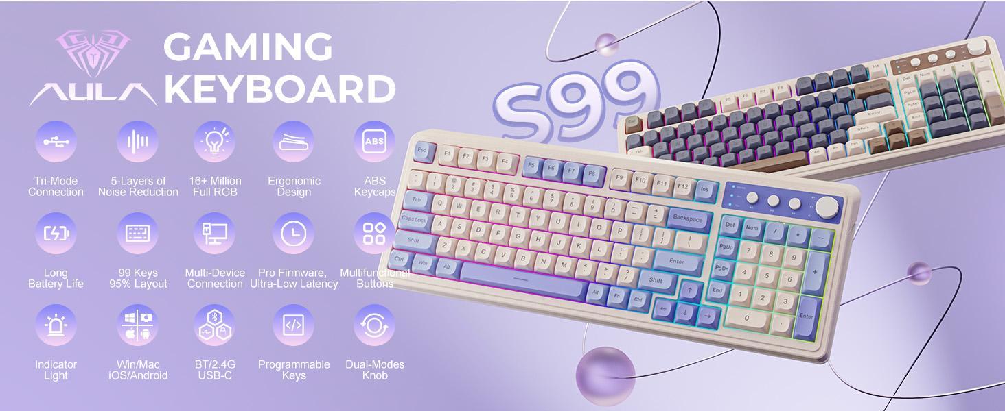 AULA S99 Wireless Gaming Keyboard, Tri-Mode Bluetooth/2.4GHz/USB-C, RGB Backlit Mechanical Keyboard for Office and Gaming, Custom Macro Keys,Media Knob, Mechanical Feel Compatible with PC, Mac, and Xbox Fixed Keycaps & Switches (Non-Replaceable)