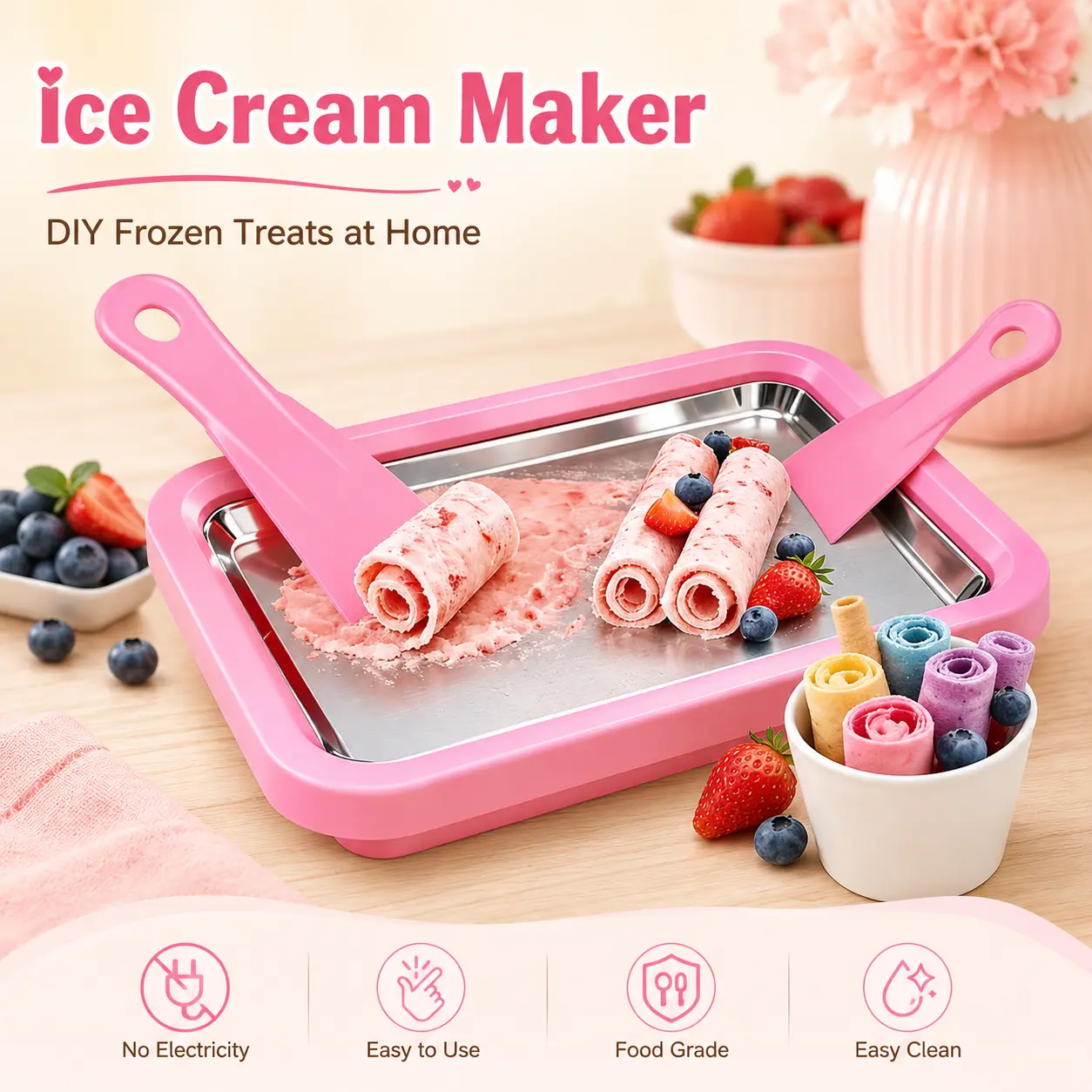 UOYGAO Food Grade Stainless Steel Rolled Ice Cream Maker Kit with 2 Scrapers - Kitchen Appliances for Frozen Yogurt, Slushie, Homemade DIY Parent-Child Activities, Pink Birthday Gift for Families,home essentials