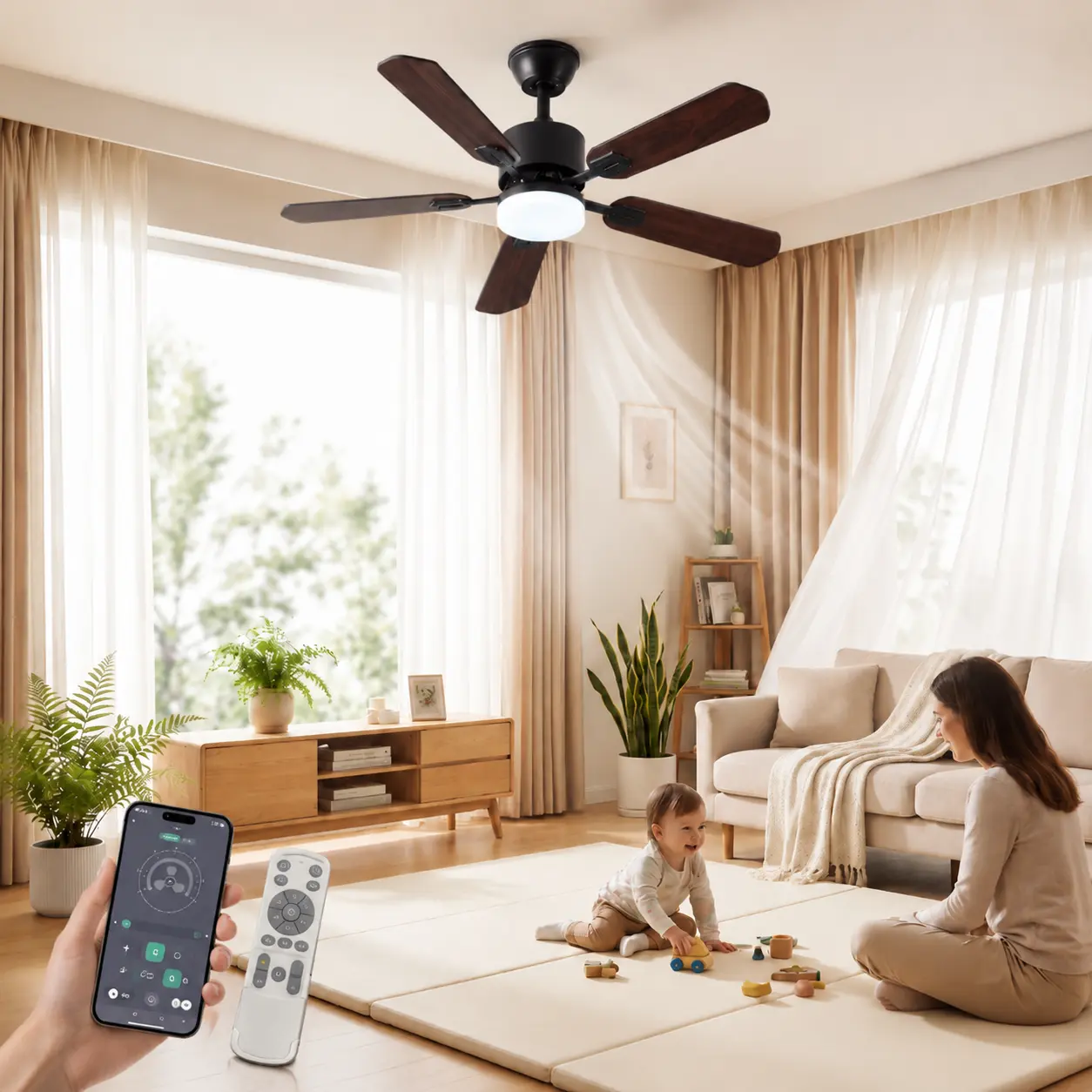 Ceiling Fans with Lights, 52 inch Ceiling fan with Light and Remote/APP Control, 3CCT, Quiet DC Reversible, Dimmable, Modern Ceiling Fan for Bedroom, Living Room, Kitchen, Indoor/Outdoor Use