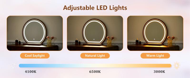 Giratree Vanity Desk with Mirror and Lights, Modern Wood Wave Panel Vanity Desk Set Makeup Table with Drawers and Cabinet, Dressing Table with Storage for Bedroom Giratree Vanity Desk with Mirror and Lights, Modern Wood Wave Panel Vanity Desk Set Makeup Table with Drawers and Cabinet, Dressing Table with Storage for Bedroom