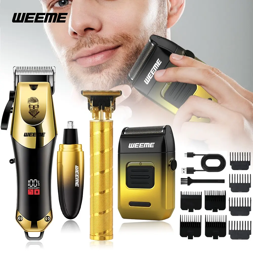 Weeme 4pcs Gradient Gold Men's Multi-Function Grooming Set, Electric Hair Clipper, Razor, Nose Trimmer, Waterproof, Portable, Hair Trimmer Kit