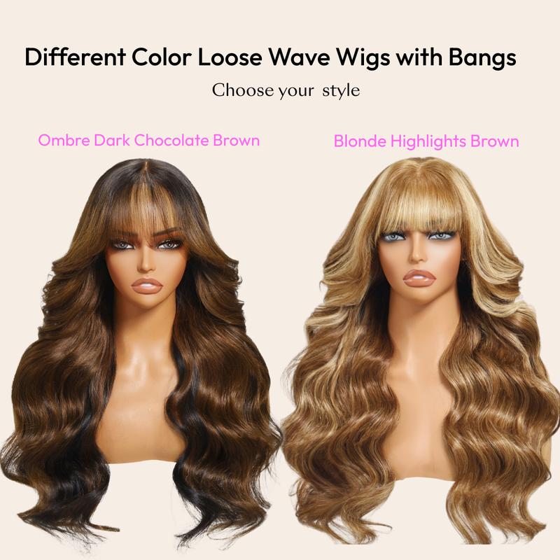 UNice Ombre Dark Brown Loose Wave Wig with Bangs 13x4 HD Lace Front Human Hair Wigs Natural Scalp Beginners Friendly