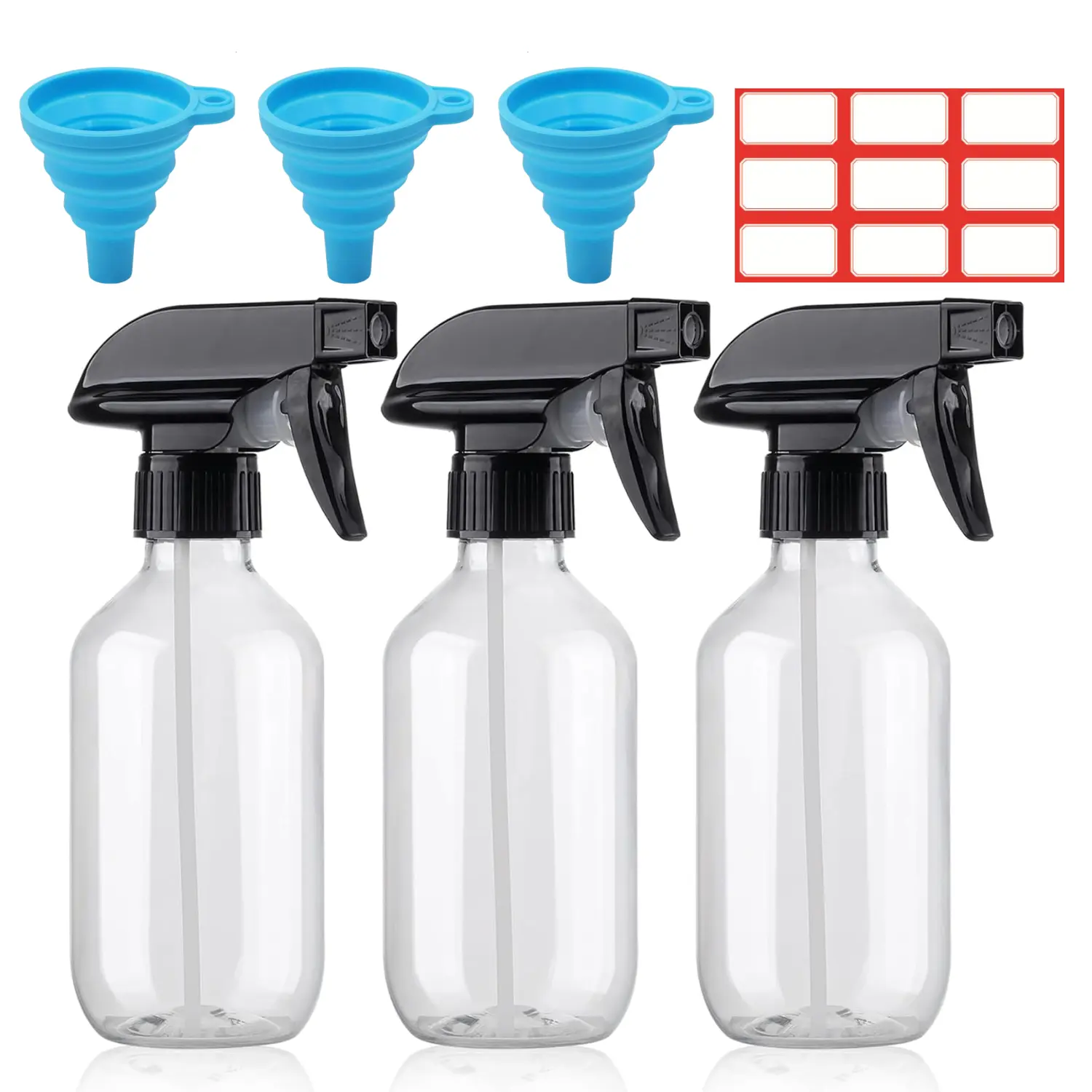 3-Pack 10oz Plastic Refillable Spray Bottles with 3 Funnels, 1 Label Sticker, Adjustable Nozzle, Fine Mist, Multi-Use for Home Cleaning, Hair Care