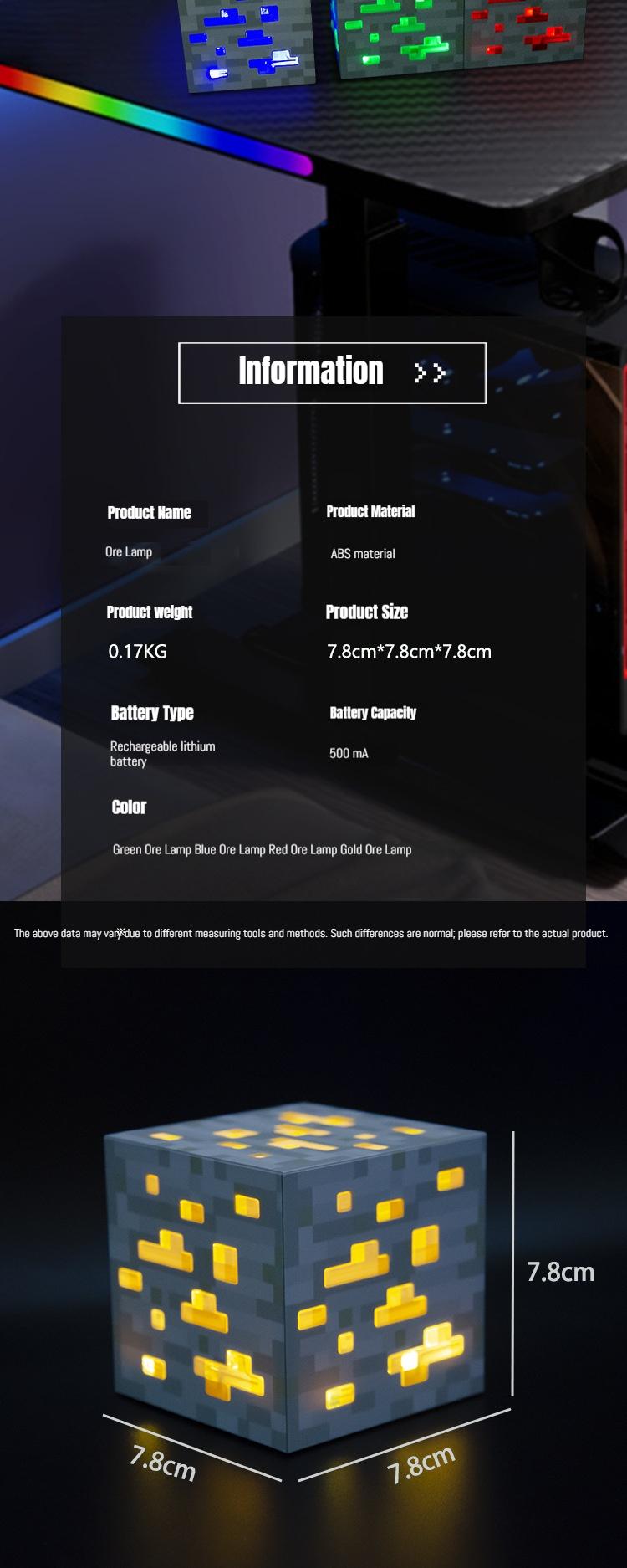 Light-Up Redstone Ore Statue Mc Ore Lamp with Diamond & Lapis Lazuli Effects Rechargeable LED Multicolor Display for Bedrooms Living Rooms