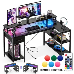 53 Inch L Shaped Gaming Desk with LED Lights, Computer Desk with USB Charging Port Power Outlet Monitor Stand