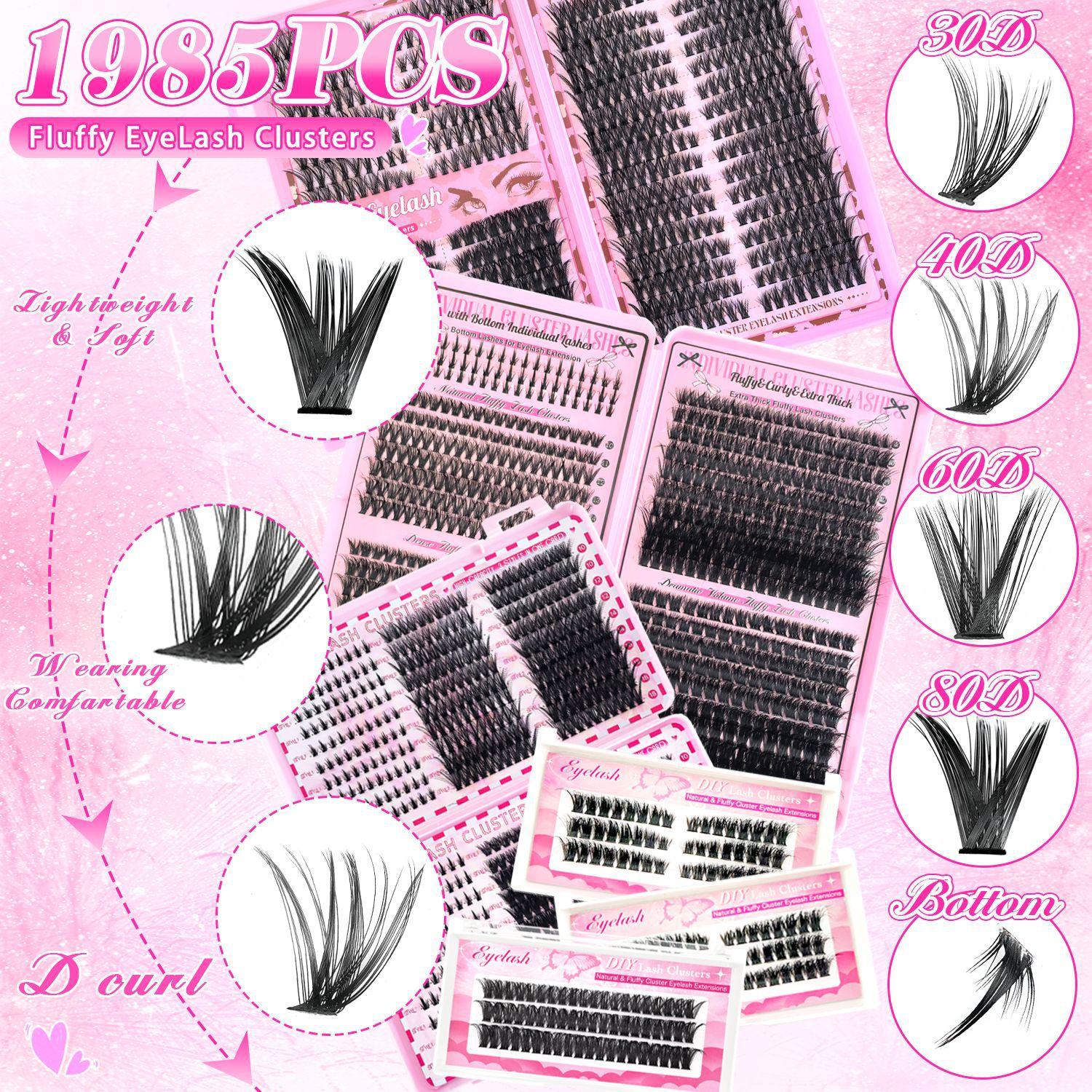 2080Pcs Fluffy Lash Clusters Kit Manga/Cat Eyes/Natural/Dense/Thick/Dramatic/Bottom Lashes Eyelash Clusters 9-18mm 30D 40D 80D 100D DIY Lashes Cluster Eyelash Extensions Kit Individual D Curl False Eyelashes with 2 Bond&Seal 2 Remover 2 Tweezers 5 Brushes