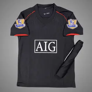 Black Color Retro MUN Away 2007 - 2008 Soccer Jersey, MUN Black Color 2007 - 2008 Vintage Away Edition Short Sleeve Soccer Shirt