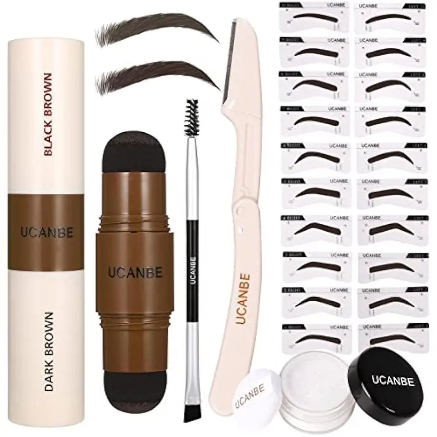 #backtoschool UCANBE 25PCS Eyebrow Stamp Stencil Kit, featuring a Dual-Color Eyebrow Stamp Pomade, 20 Reusable Stencils, Finishing Powder, Brush, Eyebrow Razor, all housed in a Waterproof Zipper Pouch.