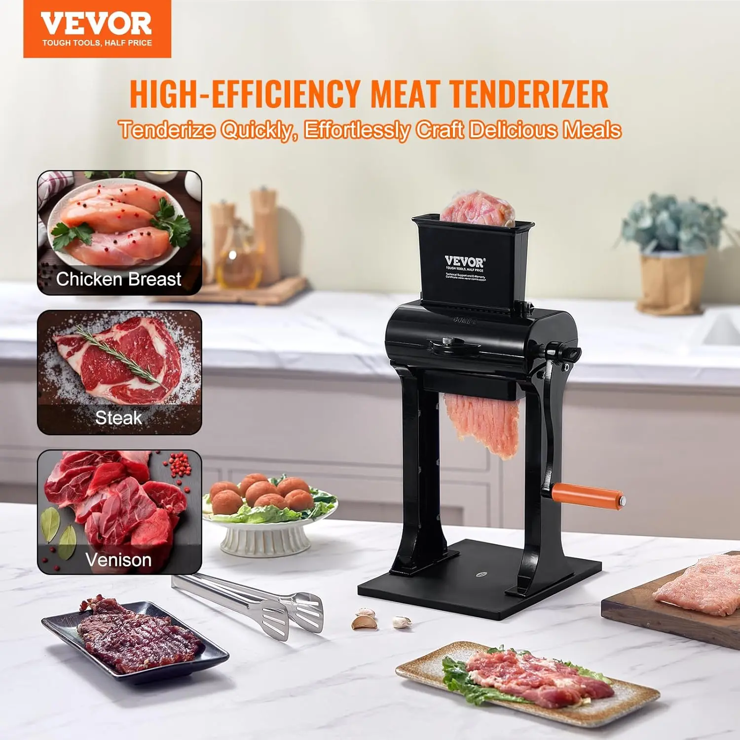 VEVOR Commercial Stainless Steel Meat Tenderizer Machine, Heavy-Duty Manual Kitchen Tool, Utensils for Kitchen, 5.8" Feed Port for Beef, Turkey, Chicken, Pork, Fish