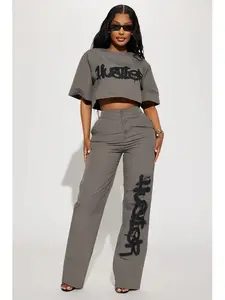 Time To Hustle Windbreaker Pant Set - Grey Crop Top Short Sleeve Wide Leg Pants Front Button Zipper Closure Pockets 100% Polyester