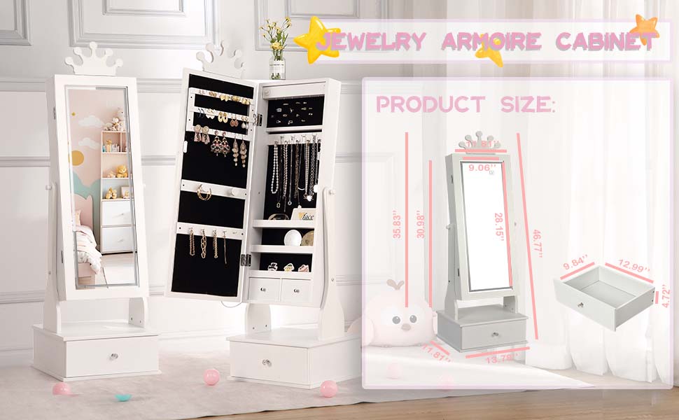 【GARVEE】Jewelry Armoire Cabinet with LED Light, Freestanding Organizer Featuring Full-Length Mirror and 3 Storage Drawers, Vanity Dress Up Jewelry Cabinet for Young Users