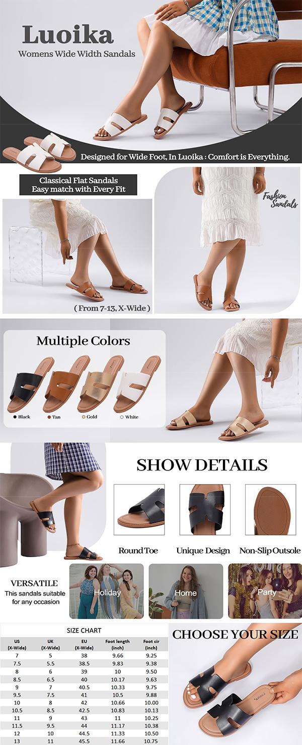 Luoika Women's Wide Width Flat Slides Sandals, Casual Comfortable Strap Sandal Summer Beach Dress Shoes for Women.