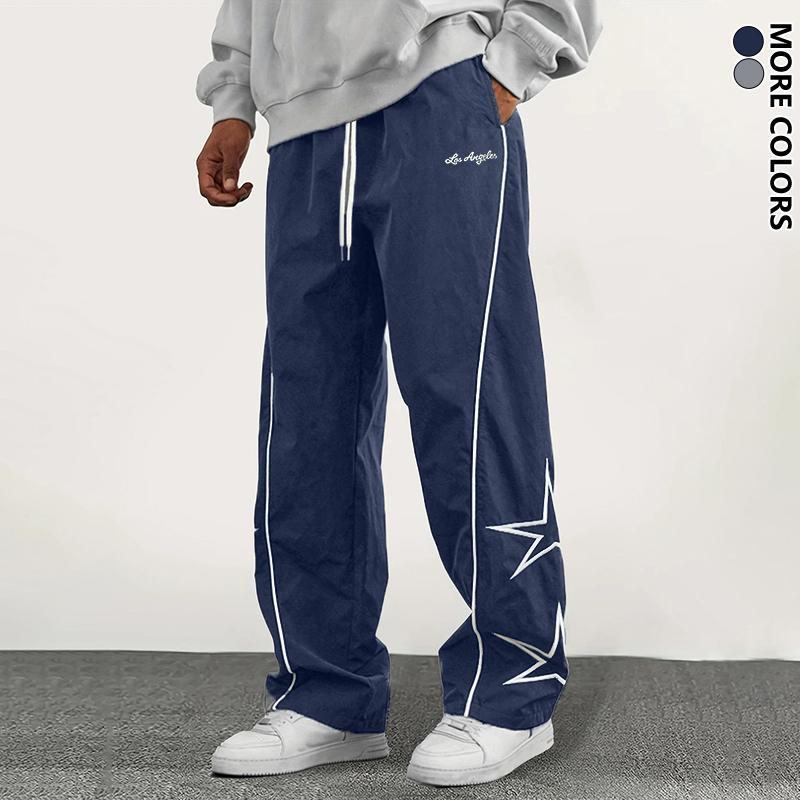 Men's All-Season Loose Tapered Cuff Star-Pattern Embroidered Athletic Pants, Fashion Casual Comfortable Trousers, Polyester Fabric, Trendy Men's Sweatpants
