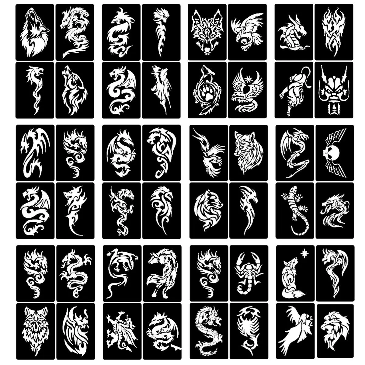 Dragon & Lizard & Scorpion Pattern Tattoo Stencil Kit, 12 Sheets/set Hollow Decorative Temporary Tattoo Stencil, DIY Body Art Decoration for Face & Body Without Pigment