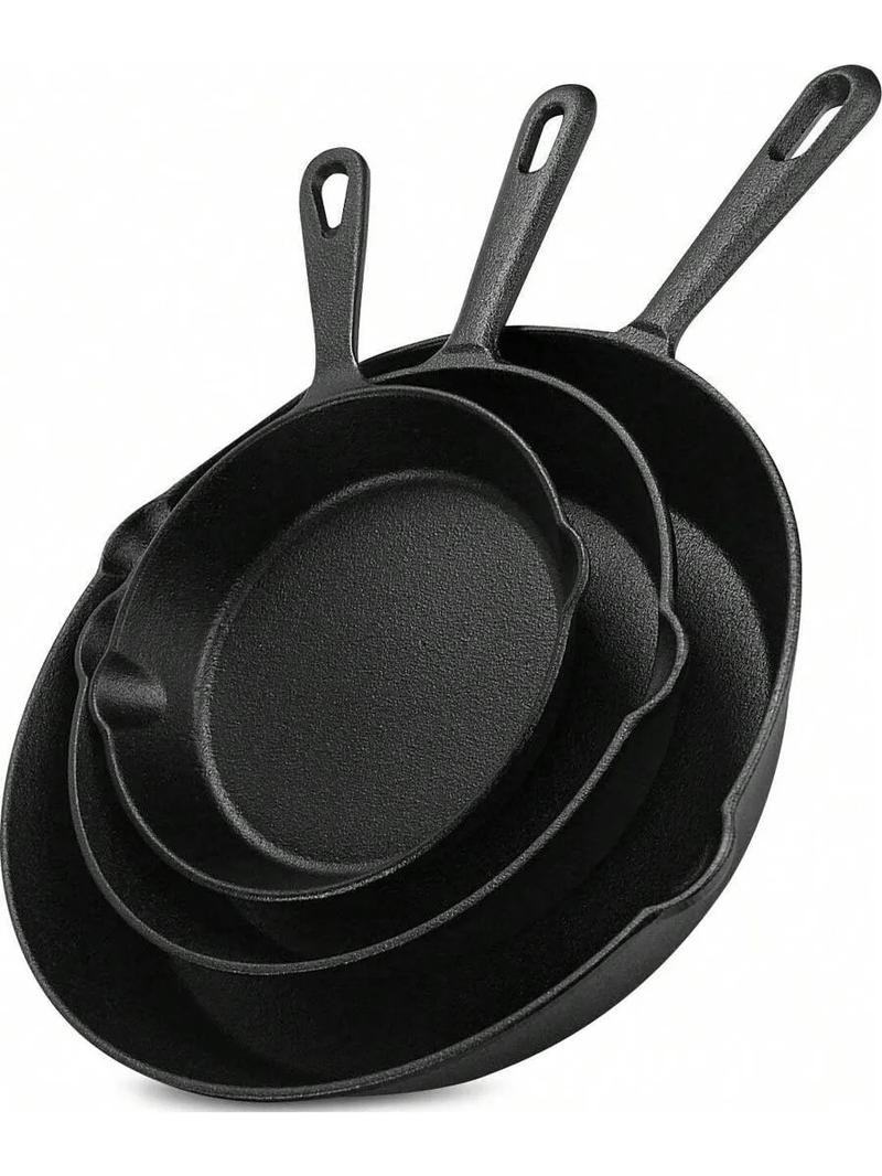 3Pcs Cast Iron Pan Pre-Seasoned Iron Skillet Set Heavy Duty Skillet Set With Pouring Lip For Grilling Searing Frying Baking(6 Inch, 8 Inch And 10 Inch) - Black