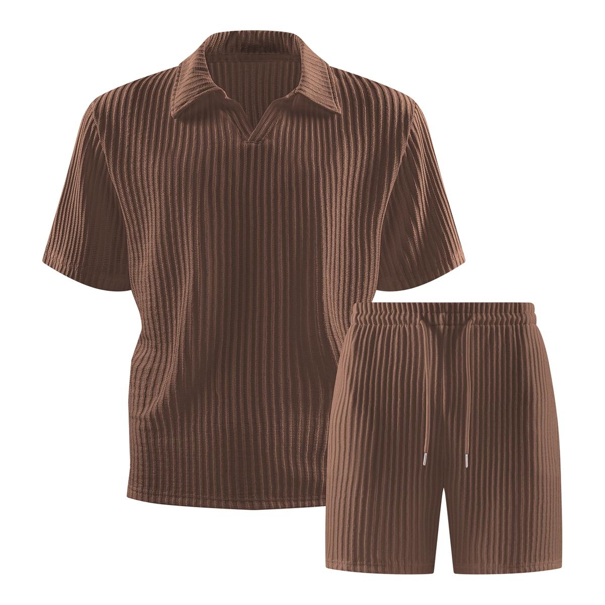 Classic men's solid color summer polo shirt shorts set, regular version with vertical fine stripe texture and exquisite collar design to create a refined casual look