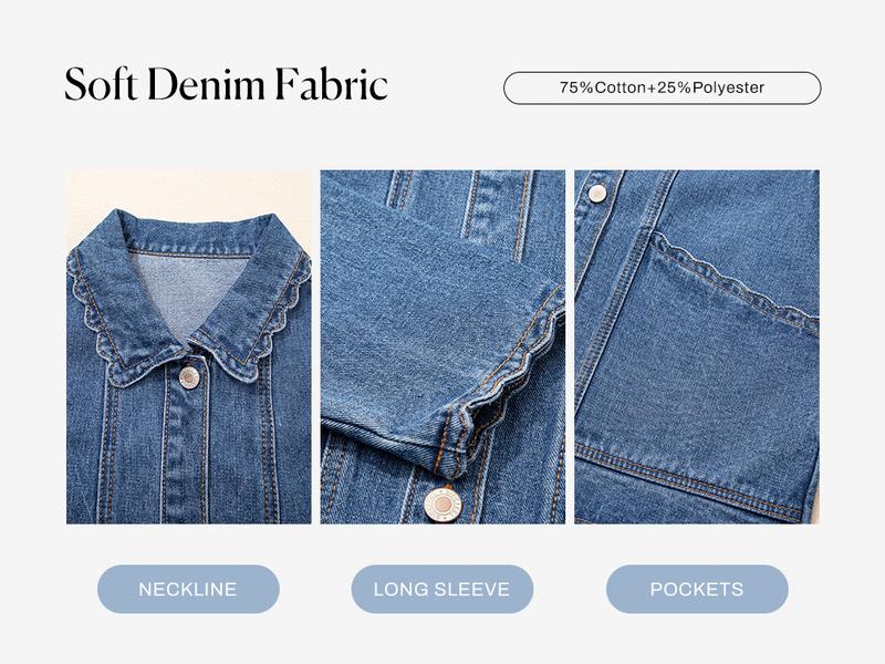 Sidefeel Women's Jean Jacket Long Sleeve Button Down Ruffled Denim Jacket Shacket