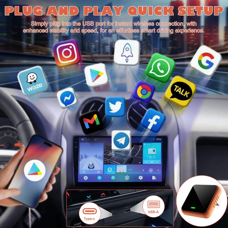 2026 Wireless CarPlay Adapter for iPhone & Android Fast Connection Zero Latency Hands-Free Calling & Charging Compact Orange Design