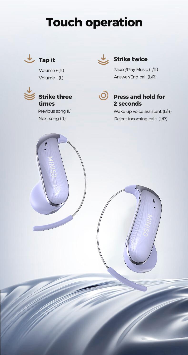 MINISO MS210 Ear Buds - Bluetooth Headphones with Zero‑Gravity Titanium Ear‑Hook Design, Noise Isolation, Bluetooth 6.0, Waterproof & Sweatproof, Ideal for Travel & Electronic Gifts for Men and Women