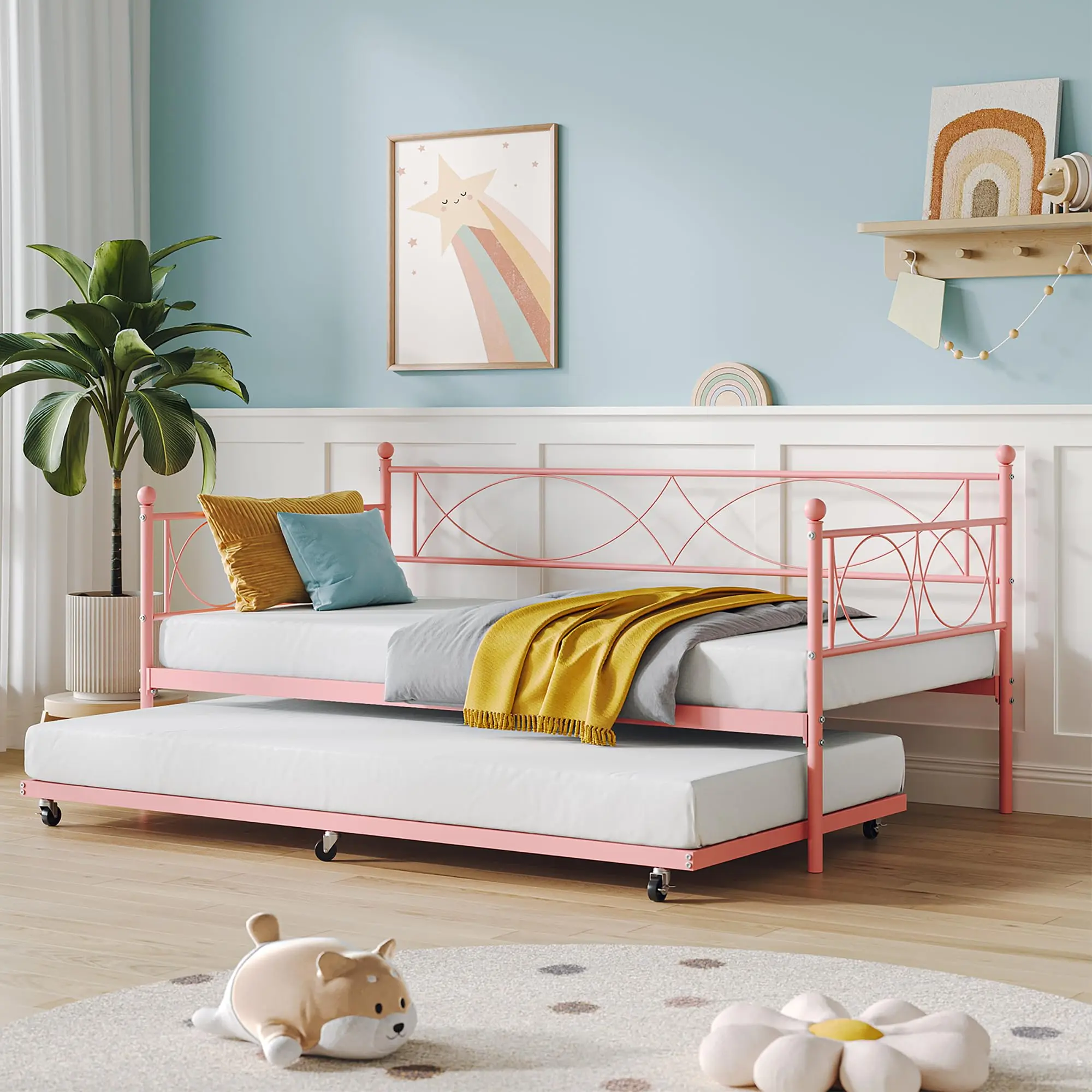 Garvee Twin Metal Daybed with Pull-Out Bed Trundle, Arched Headboard, Steel Slats Support, No Box Spring Needed, Tool-Free Easy Assembly, Durable Space-Saving Sofa Bed Frame for Living Room, Bedroom (Multiple Colors, Fits Standard Mattress)