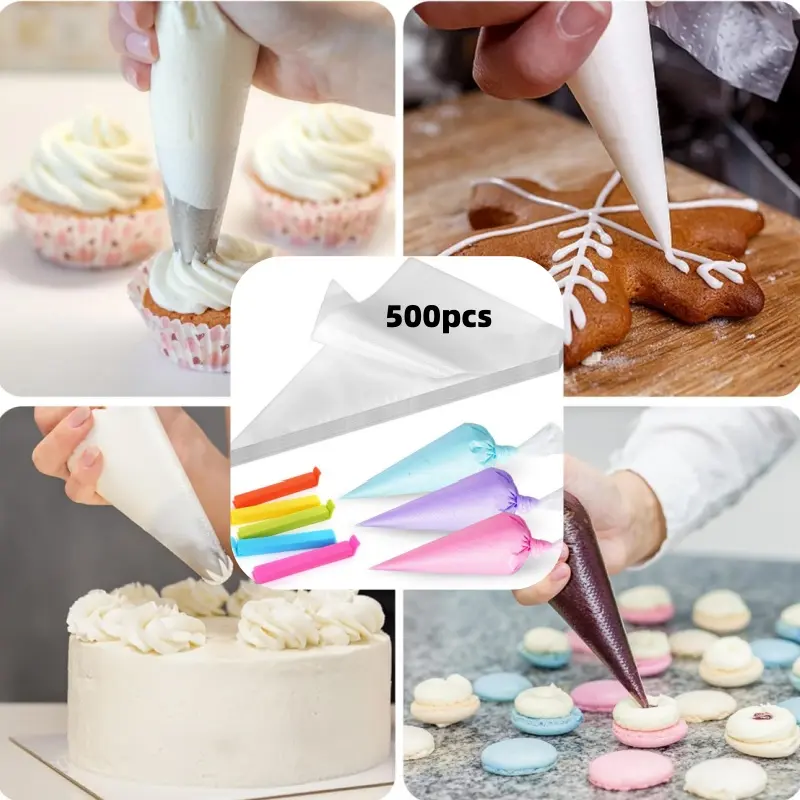 500Pcs Piping Bags 10 Inch, and 5pcs Sealing clip, Thick Tipless Piping Bags, Non-Slip Disposable Pastry Bag for Royal Icing, Cookies, Cake Decorating