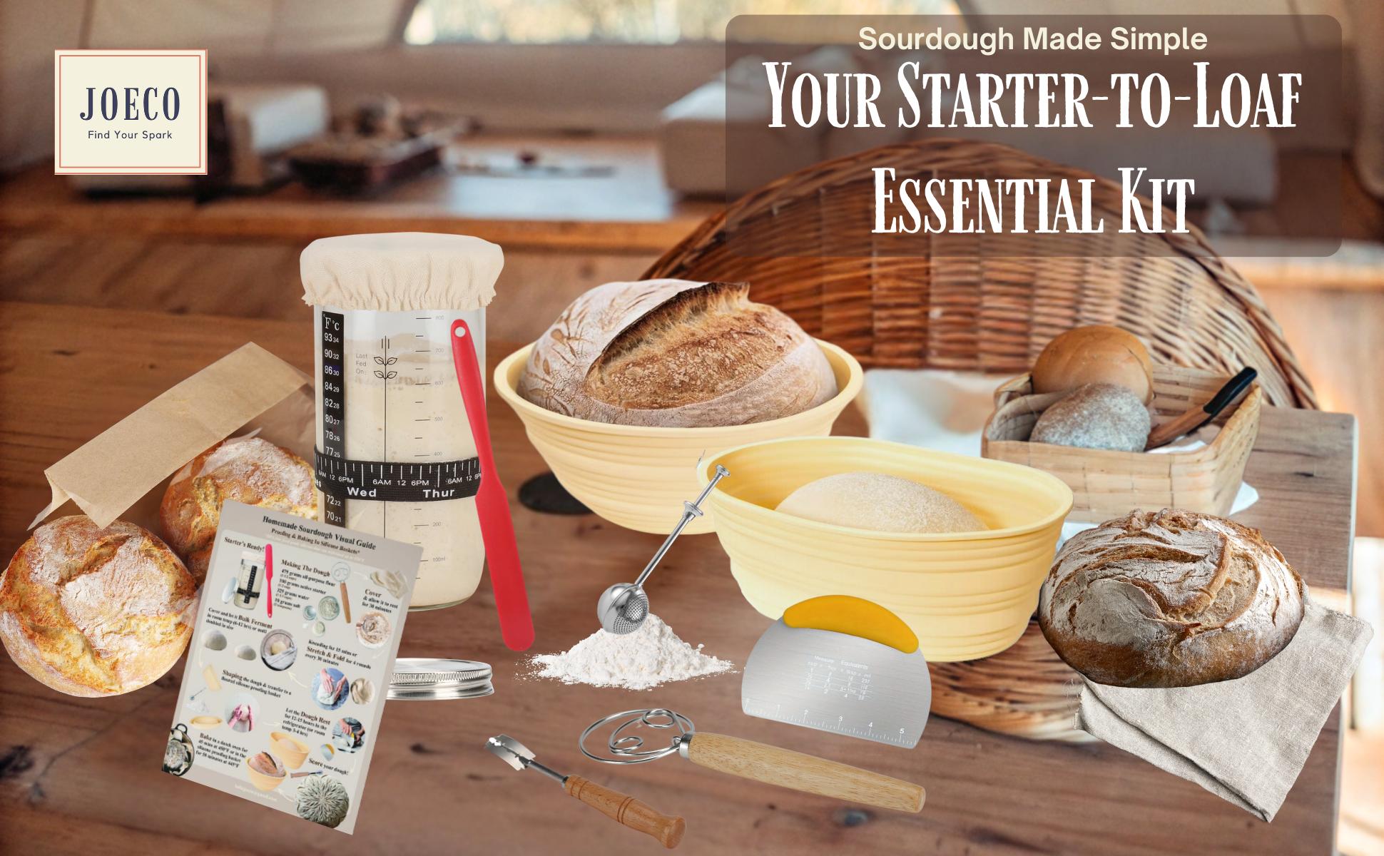 Sourdough Starter-To-Loaf Kit, Premium Silicone Oval & Round Bread Proofing Basket Set, Easy Baking Instructions, Complete Sourdough Kit, 34oz Sourdough Starter Jar With Accessories, Silicone Spatula, Danish Whisk, Dough Scraper, Scoring Knife, Bread Bags