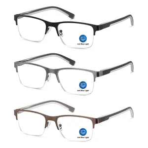 3pcs Reading Glasses Men Blue Light Blocking Computer Reader Oversized Metal Half Frame Stylish Eyewear Spring Hinge