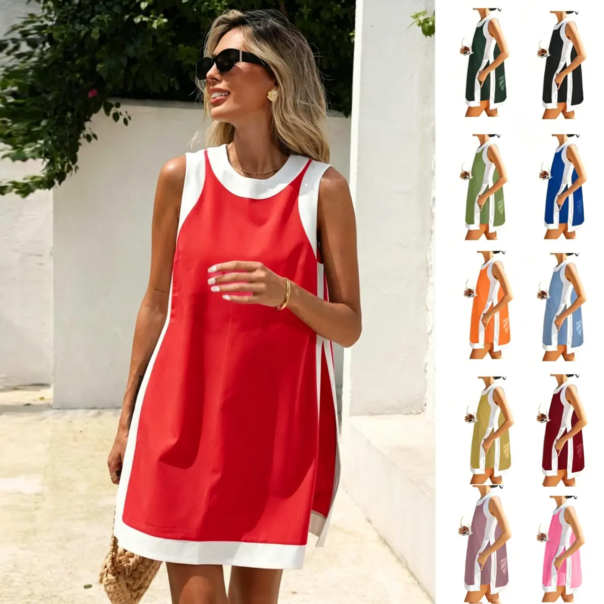 SCUSTY Women's Casual Summervibes Two Piece Sets Color Block Crewneck Sleeveless Pullover Tops Matching Shorts With Pockets 4th of July Independence Day Outfit
