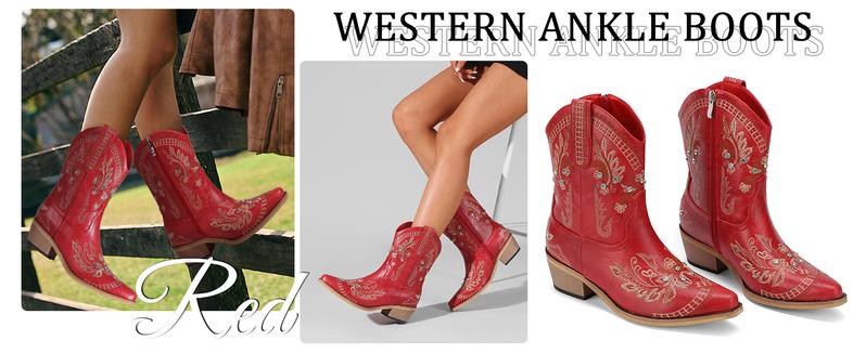 Rhinestone Ankle Cowboy Boots for Women Embroidered Short Cowgirl Boots with Low Heel Side Zipper Comfortable Chunky Heel Western Booties for Prom Party Wedding Pull On Shoe