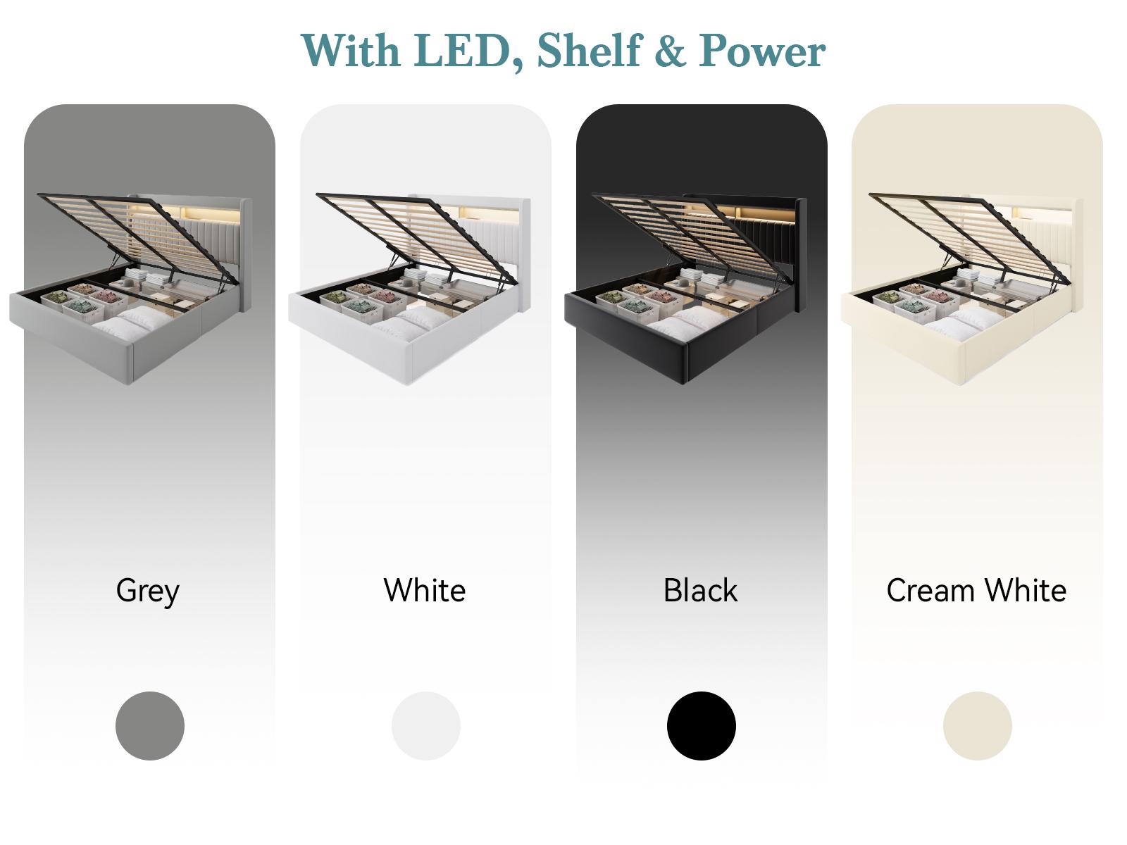 HOOMIC Full Queen King Size Lift Up Storage Bed Frame with Charging Station, Featuring a Storage Shelf Headboard with USB and Type-C Ports, Hydraulic Support, Velvet Upholstery, and No Box Spring Needed, Grey Black White Cream White