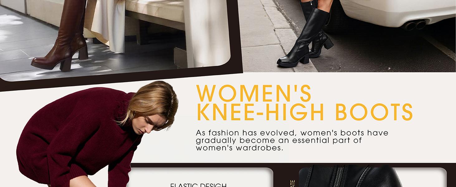 【New Colors】Knee High Boots for Women, Square Toe Chunky Block Heeled Platform Tall Leather Wide Calf Cogo Boots with Side Zipper Footwear Gir Walking Shoes Girl Comfort Fallfashion Brown Flatform