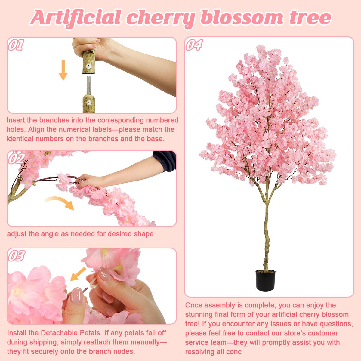 Elegant 6FT 7ft 8ft Artificial Cherry Blossom Tree with Cement Pot - Lifelike Silk Faux Floral Plant for Home Office Wedding Indoor Outdoor Decor Pink White