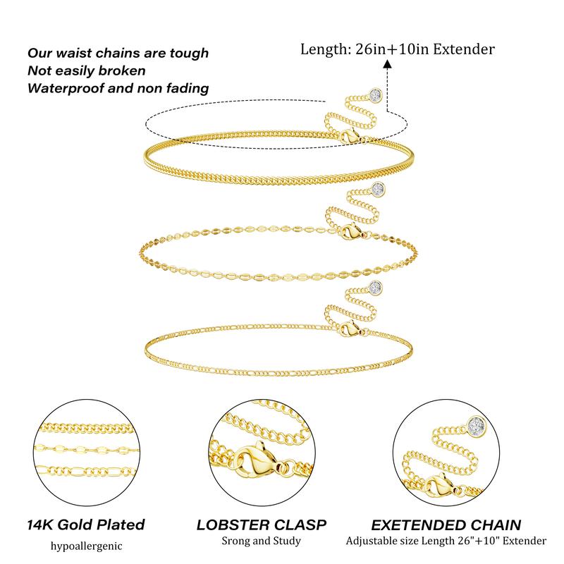 Tewiky Gold Triple Layer Waist Chain – 3mm Figaro, 2.5mm Lip Chain & 3mm Slim Cuban Body Jewelry