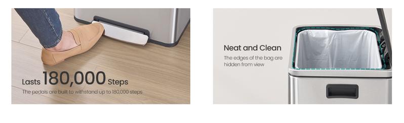 SONGMICS Trash Can, 13-Gallon Gabbage Can, with 15 Trash Bags, Stainless Steel, with Soft-Close Lid, Removable Inner Bucket, Handles