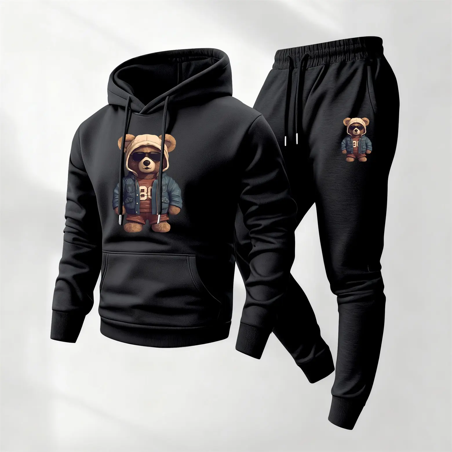 Men's Bear Printed Hoodie and Drawstring Sweatpants Set, Menswear, Casual Athletic Long Sleeve Hooded Jacket & Trousers for Fall & Winter, Men's Clothing for Daily Wear, Sportswear Indoor Outdoor, Tracksuit, Athleisure Summer Clothes