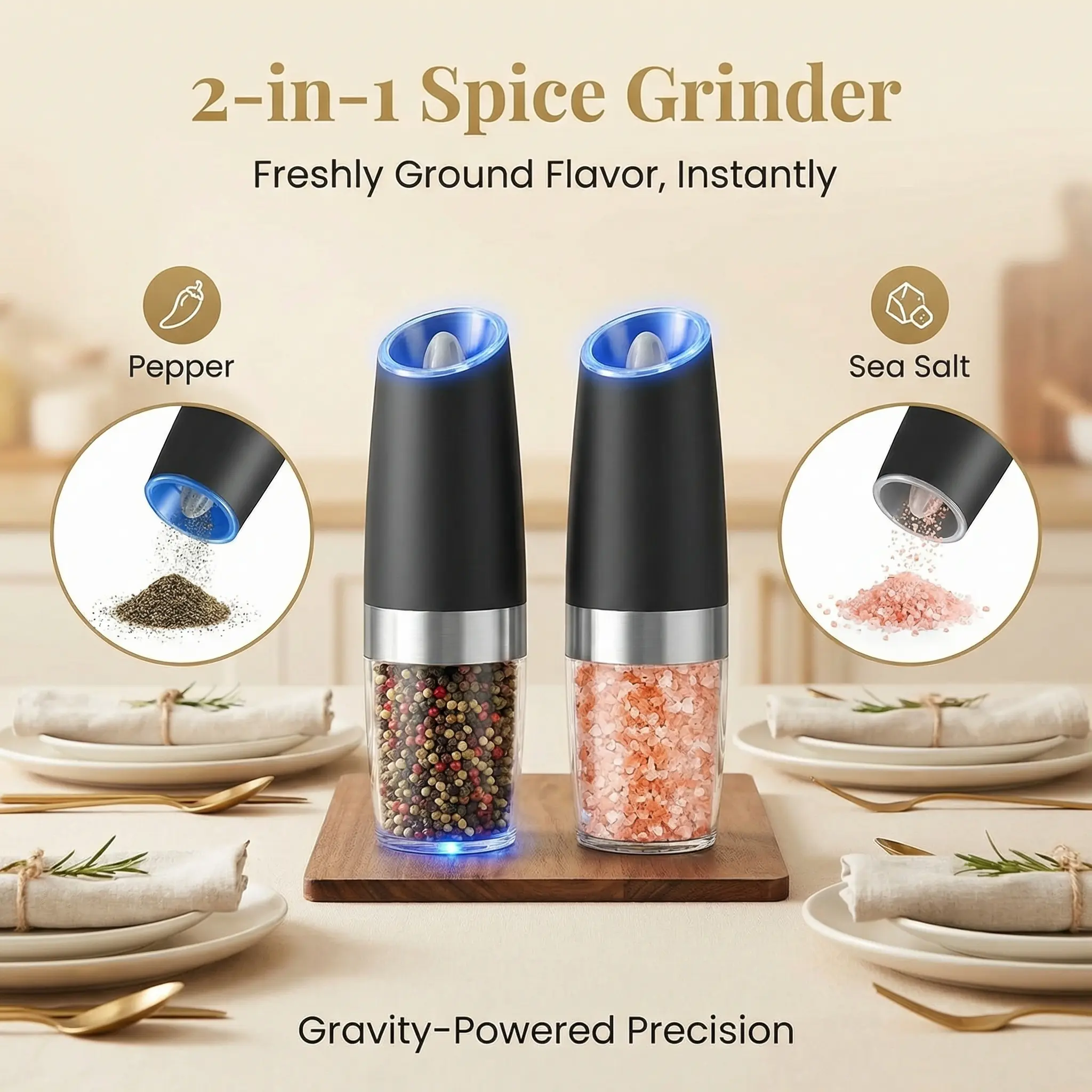 2-Pack Gravity Electric Salt and Pepper Grinder Set, Battery-Powered with Adjustable Roughness, LED Light, Ideal for Seasoning Spices in Kitchen Dishes, Aesthetic