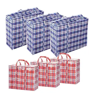 Set of 6 Large & Jumbo Plastic Checkered Laundry Bags with Zipper and Handles for Travel, Laundry, Shopping, Storage, Moving ,Size: (27"x23"x5.5") and (19"x19"x4") - Color may vary