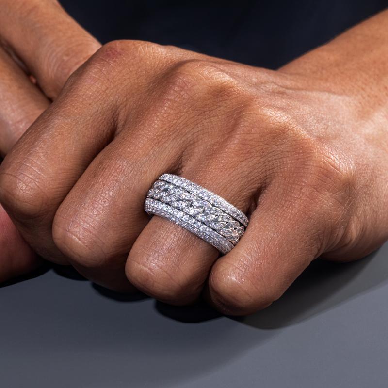 Delzzad Unisex Rotatable Layered Iced Ring Cuban Ring VVS Synthetic Moissanite S925 Band Perfect for Any Occasion & Everyday Wear Lover Birthday Anniversary Christmas Gifts