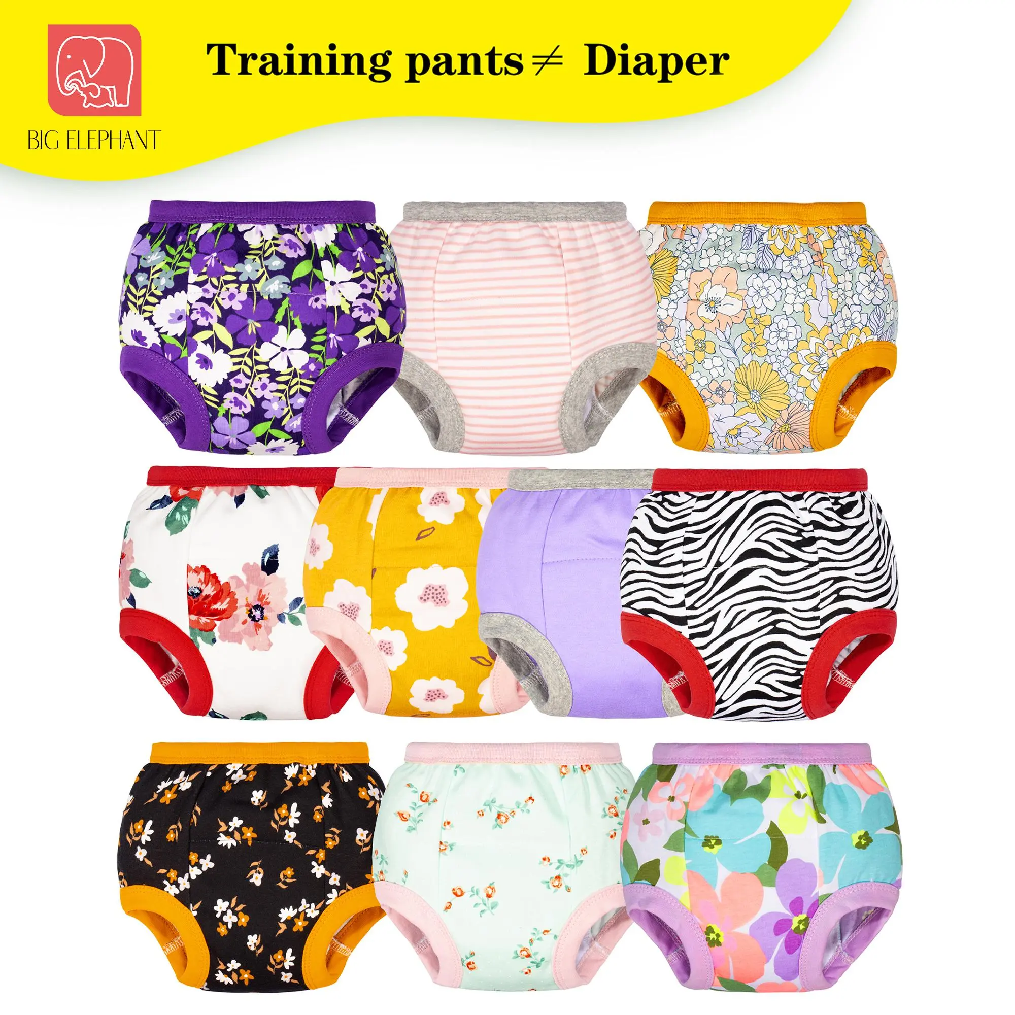 BIG ELEPHANT Toddler Potty Training Pants 10 Pack Reusable Cotton Training Underwear Soft Lightly Absorbent, Not Fully Leak-Proof, Daytime Use for Boys Girls,back to school