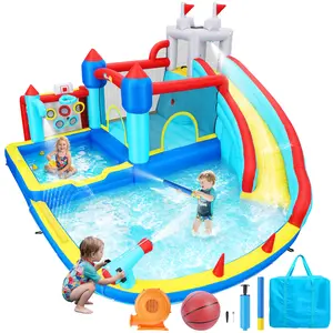 AKEYDIY 13 in 1 Inflatable Water Slide, Inflatable Bounce House for Kids 3-12, Large Bouncy Castle with Long Slide, Water Spray Belt, Sprinkler, Climbing Wall, Basketball Hoop, Water Park for Outdoor Summer Play