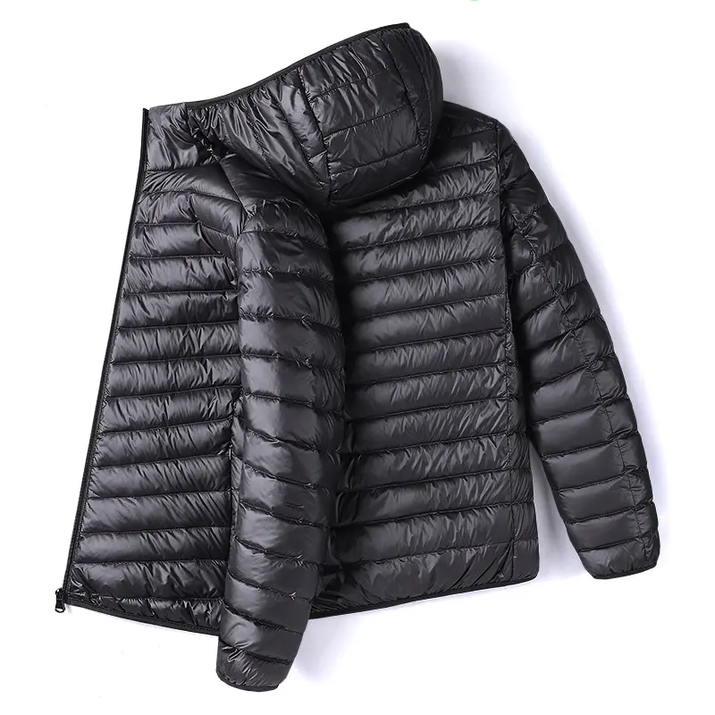 Men's Plain Long Sleeve Lightweight White Duck Down Puffer Coat - Menswear Clothes, Full-Zip, Windproof, Warm for Autumn Winter Casual Outdoor Wear, Tops, Lightweight Puffer Coat