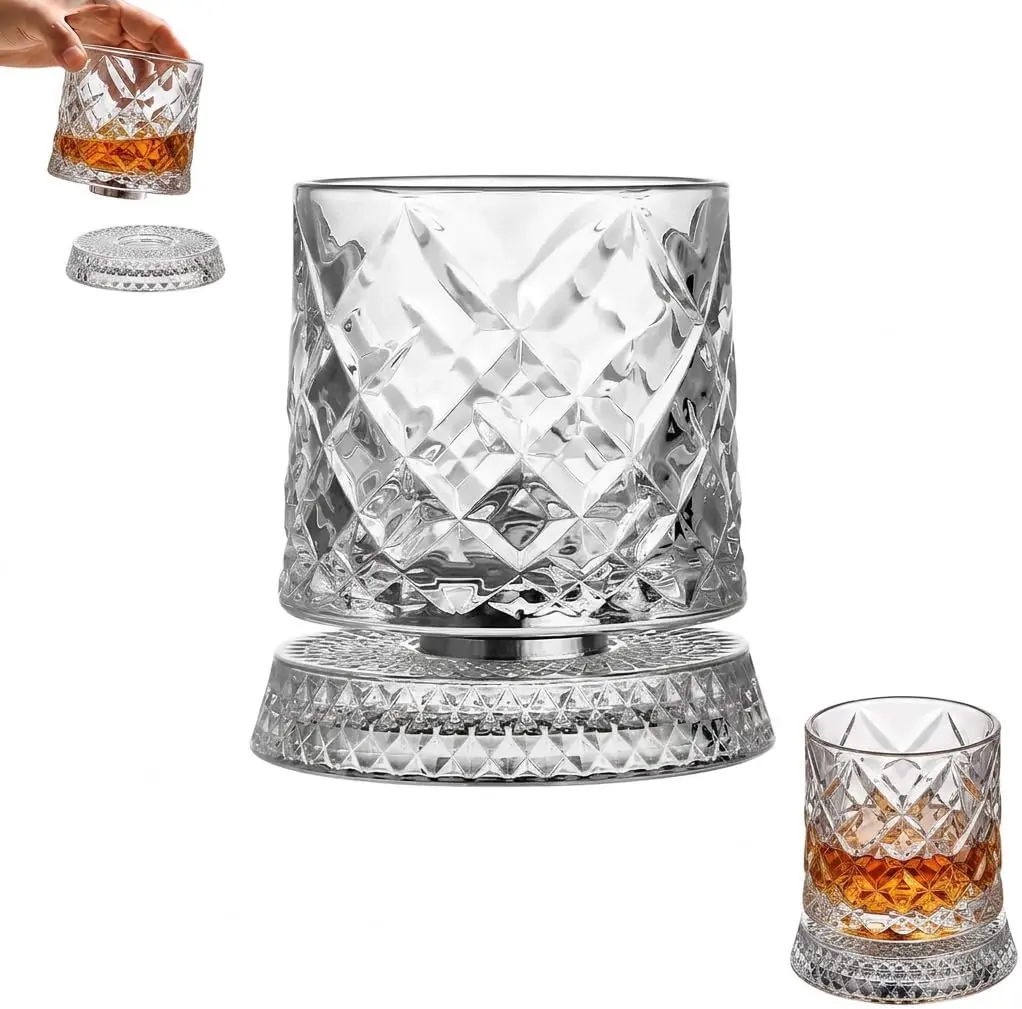 Glow-in-the-Dark Spinning Whiskey Glass with 360° Spin Heavy Base, Luminous Crystal Tumbler for Cocktail Drink, Unique Mens Gifts for Boyfriend, Festive Party Gift for Home Supplies, Unique Gifts For Man