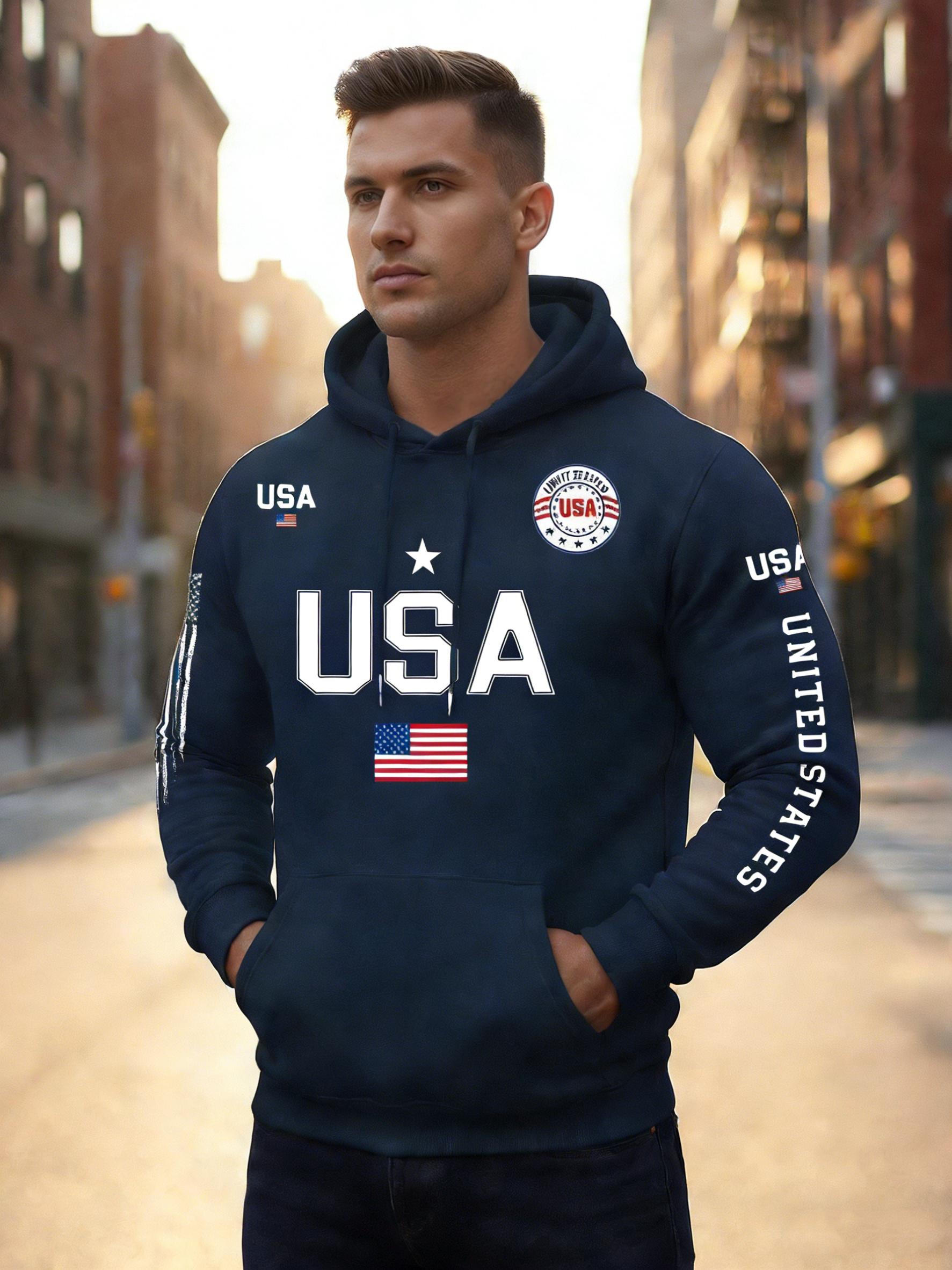 USA flag print hoodie men's fleece sweatshirt, United States letter print unisex casual knit fabric pullover for students and couples fashion hoodie for autumn and winter, 2026 spring pullover hooded sports hoodie