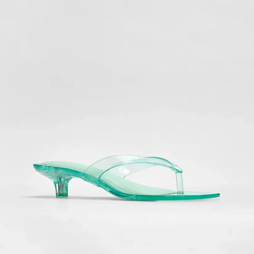 JUST FAB Women's Clear PVC Slip-On Thong Mules 1.5" Mini Kitten Heel Square Toe Jelly Flip Flop Heels Thong Heeled Sandal Summer BackToSchool