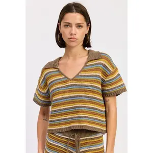 STRIPED CROCHET KNITTED COLLARED TOP