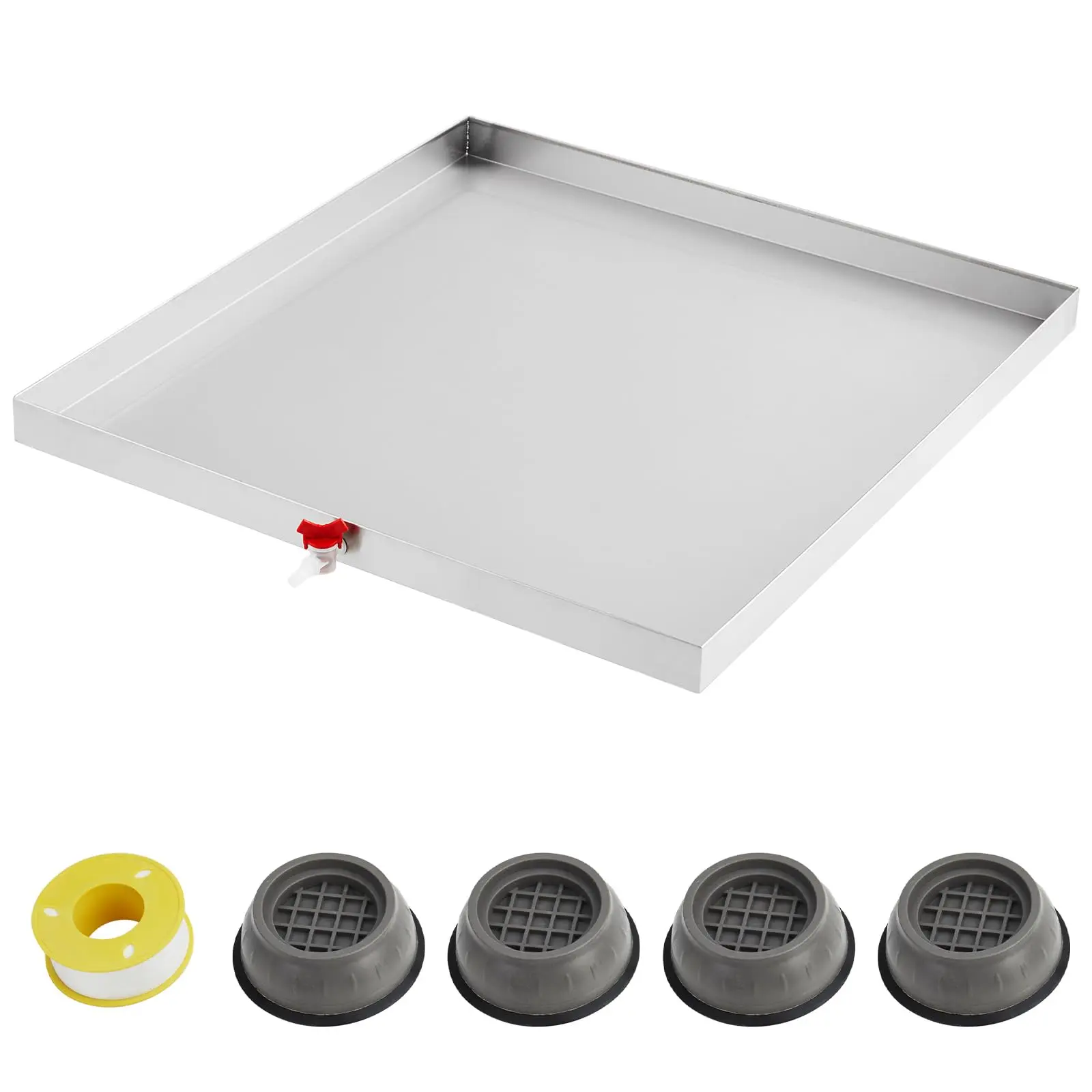 Garvee 28" x 30" Stainless Steel Washing Machine Drain Pan with Drain Hole and Hose Adapter, Heavy Duty Washer Drip Tray Featuring 4 Anti-Vibration Feet, Compact and Durable Drip Catch Tray